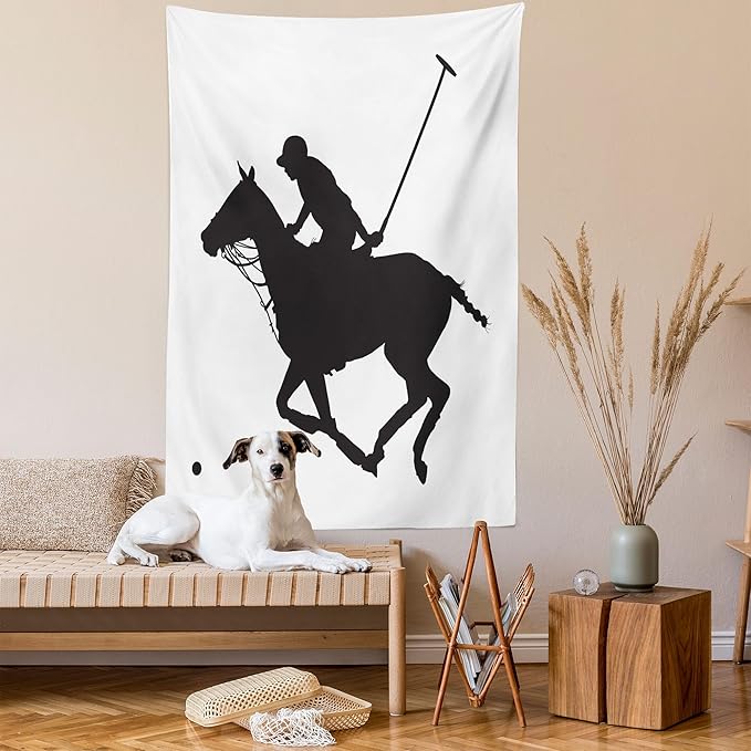Ambesonne Sports Tapestry, Silhouette Illustration of Polo Player on a Horse Hitting a Ball Print, Fabric Wall Hanging Decor for Bedroom Living Room Dorm, 23" X 28", Charcoal Grey