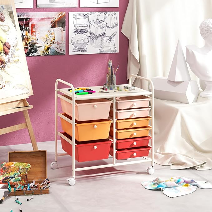 COSTWAY Rolling Storage Cart with 9 Drawer, Mobile Utility Cart with Metal Frame, Art Supply Craft Organizer, Multipurpose Storage Organizer for Paper, Office, School Teacher, Classroom, Macaron