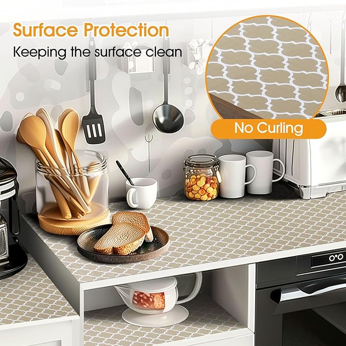 Shelf and Drawer Liner for Kitchen Cabinets Non-Adhesive, Strong Grip Non-Slip Thickened Cabinet Liners for Shelves, Waterproof Mats for Dresser Cupboard, Beige, 17 in x 30 Feet
