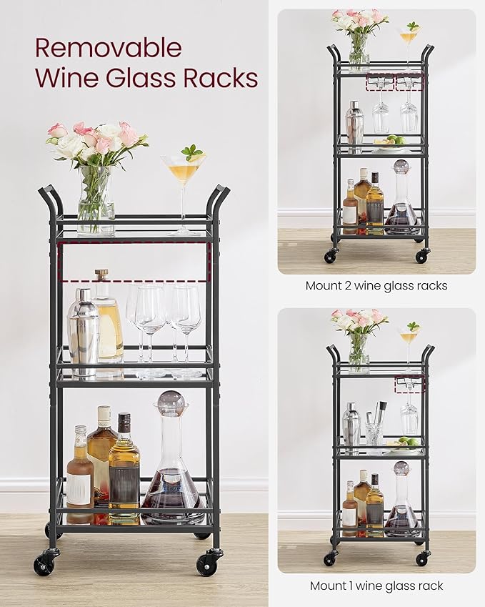 VASAGLE Bar Cart, Home Bar Serving Cart, Small Bar Serving Cart with 3-Tier Shelf, Wine Holders, Glass Holders, Mini Bar Cart for Small Spaces, Kitchen, Dining Room, Living Room, Ink Black