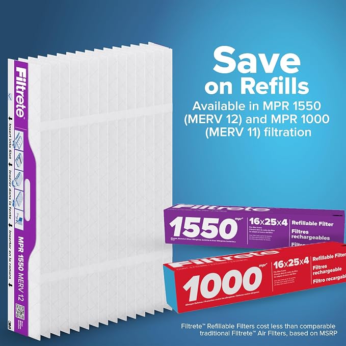 Filtrete 20x25x4 Refillable Air Filter Starter Kit, MPR 1550, MERV 12, 1