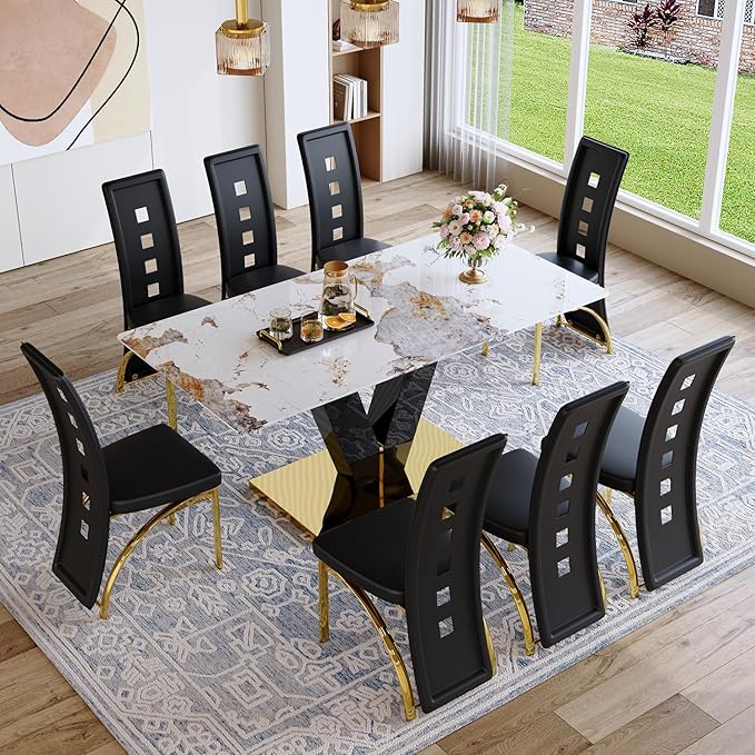 71'' Dining Table Set for 8,Rectangular Dining Room Table Set for 8,Marble Dining Table with 8 PU Leather Dining Chairs,Gold Dining Room Table with Glossy V-Shaped Base Ideal for Kitchen