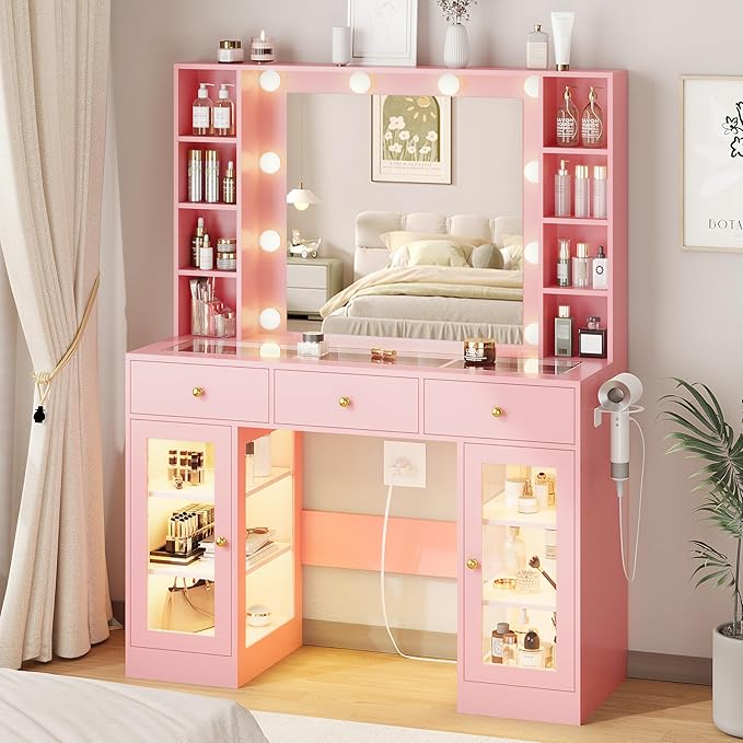 Pink Vanity Desk with Mirror and Lights, Glass Top Vanity with Lighted Mirror & RGB Glass Cabinet and 3 Drawers, Makeup Vanity Desk with Lights Dressing Table for Bedroom, 3 Color Modes