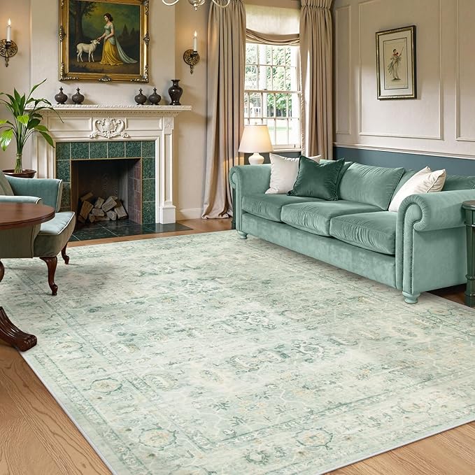 Lahome Vintage 9x12 Washable Green Rugs for Living Room Bedroom, Boho Dining Room Rugs for Under Table, Soft Non Slip Indoor Throw Carpet for Home Office Playroom (9x12ft,Light Green)