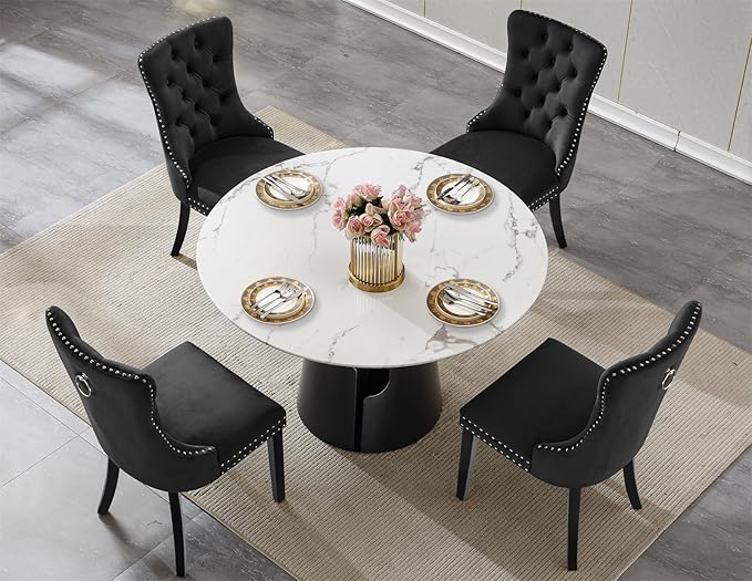 5-Piece Faux Marble Round Dining Table Set for 4, Modern Luxury Kitchen Table Set for 4 with Black Tufted Chairs,Circle Dining Tables with White Marble Grain Top and Black Pedestal Base