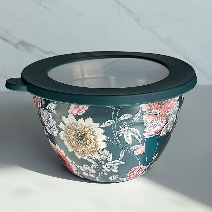 S'well Stainless Steel Salad Bowl Kit 64oz, Midnight Botanical, Comes with 2oz Mini Canister and Removable Tray for Organization, Leakproof, Easy to Clean, Dishwasher Safe