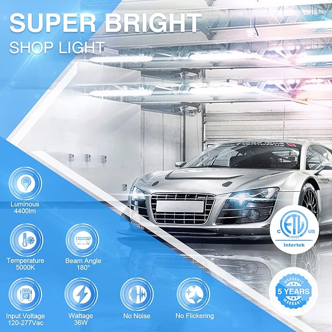 Ensenior 6 Pack Linkable Led Shop Light 4ft for Garage, 4400 High Lumens, 36W Equivalent 280W, 5000K Daylight, 48 Inch Utility Shop led Lights, Surface or Hanging Mount Fixtures, Black, ETL Certified