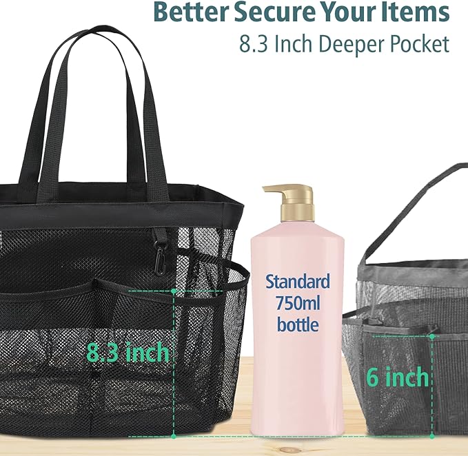 F-color Mesh Shower Caddy Portable, X Large 7 Deeper Pockets Shower Bag Basket Tote for College Dorm Room Bathroom Essentials Gym Camp Quick Dry 2 handles with S Hook, 2 Pack Black