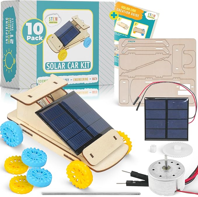 Solar Powered Car Kit (10-Pack) – Build-Your-Own Wooden Solar Vehicles for Kids, STEM Engineering Project Kits for Classroom, Renewable Energy Science Experiments, Ages 8 and up