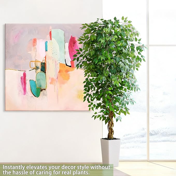 Artificial Ficus Tree 6FT Faux Floor Tree with Planter UV Resistant Potted Fake Silk Plant - Indoor Outdoor Lifelike Fake Ficus Tree for Home, Living Room Bedroom Topiary Tree