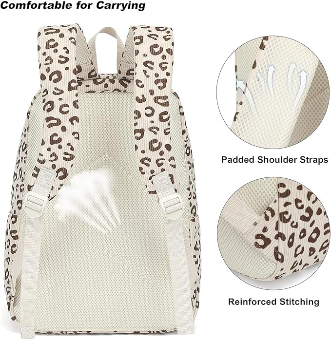 Corduroy Girls Backpack Set, 3PCS School Backpacks for Kids Elementary Middle School Bags with Lunch Box Pencil Case (Beige Corduroy Leopard)