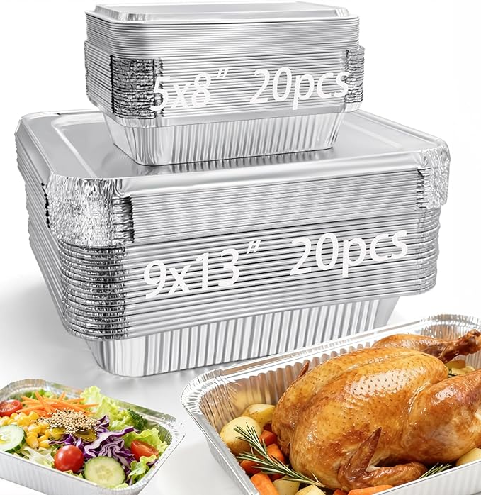Notwoe® 40pc Disposable Aluminum Pans With Lids, 9x13 (20pc) And 8.2x5.7 Rectangle (20pc) Combo Set, Disposable Baking and Cake Pan. (40)