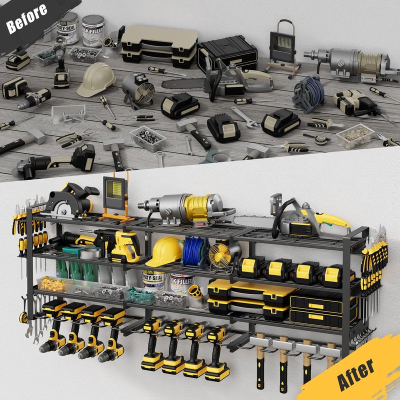 Jusgym Large 49''W Power Tool Organizer Wall Mount |650lbs Tool Garage Storage Rack with 12 Cordless Drill Holder |4-Tier Heavy Duty Garage Organization |Gifts for Men