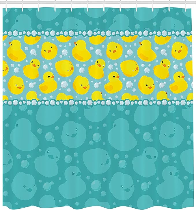 Ambesonne Rubber Duck Shower Curtain, Cartoon Style Duckies Swimming in Water Pattern Fun Bubbles Aqua Colors, Cloth Fabric Bathroom Decor Set with Hooks, 69" W x 70" L, Teal Blue