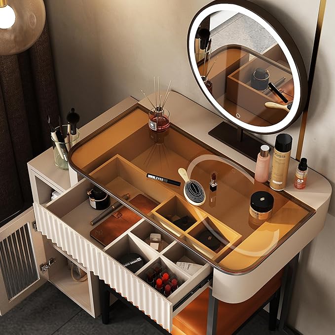 Lartis Makeup Vanity, with LED Makeup Mirror, Three Adjustable Light Levels, Tempered Teal Glass countertop,White Wax Wood Makeup Stool