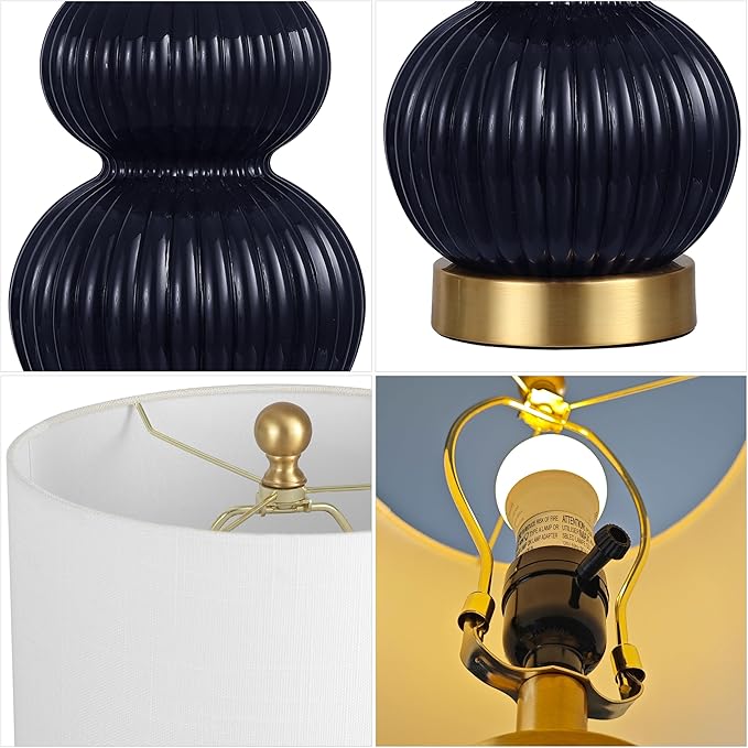 JONATHAN Y 20" Navy/Brass Gold Ribbed Gourd Glass Table Lamp, Modern Bedside Lamp for Bedroom Living Room, White Linen Drum Shade, LED Bulb Included (JYL1099D)