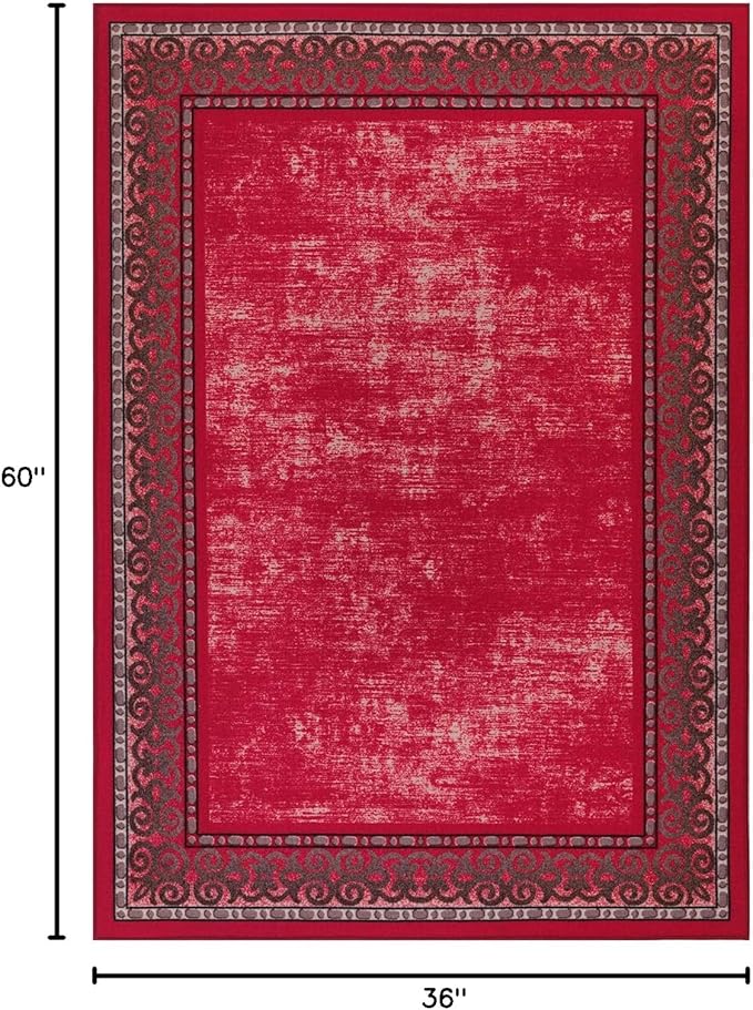 Antep Rugs Alfombras Bordered Modern 3x5 Non-Slip (Non-Skid) Low Pile Rubber Backing Indoor Area Rug (Red, 3' x 5')