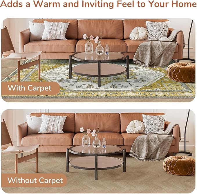 OPPODREAM Thin 8x10 Area Rugs, Washable Rugs 8x10 with Non Slip Backing, Faux Cashmere Low-Pile 8 x 10 Carpet, Yellow