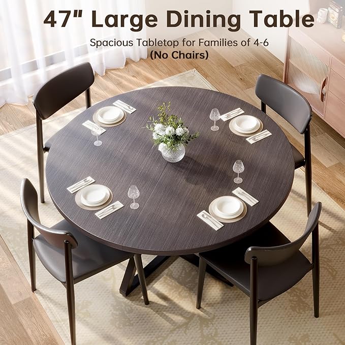 Concho 47" Round Kitchen Dining Room Table for 4-6 Circle Dining Dinner Table with Pedestal Metal Frame,Space Saving Wood Kitchen & Dining Room Furniture, Deep Grey