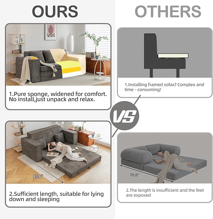 HOMREST 76" Convertible Memory Foam 3-seat Sofa, Pull Out Sleeper Sofa Bed, 2 in 1 Folding Couch Bed, Fold Out Floor Couch Corduroy Fabric with 3 Pillows for Living Room Bedroom Lounge (Grey)
