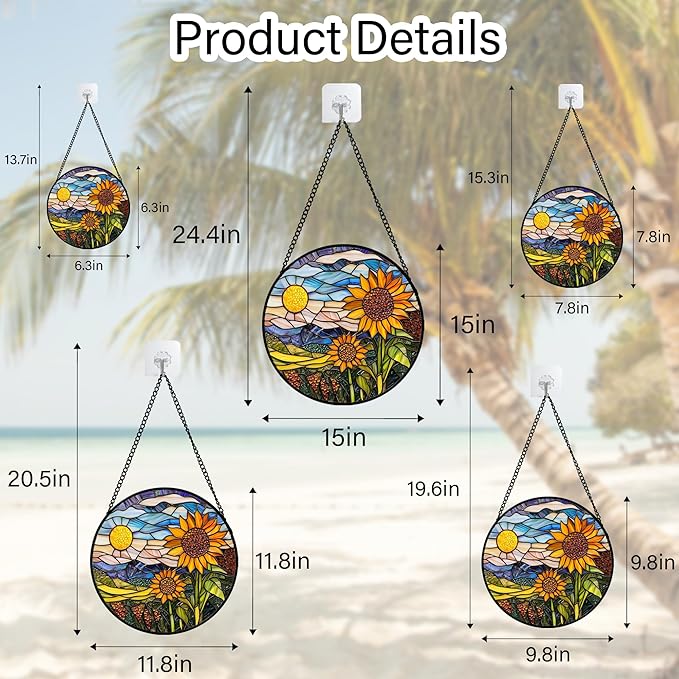 Stained Glass Suncatcher, Sunflower Flowers Landscape Sun Catcher Plant Mountains Stain Glass Window Hanging Decoration Mother's Day Birthday Gifts for Women Men Mom Nana 11.8 in