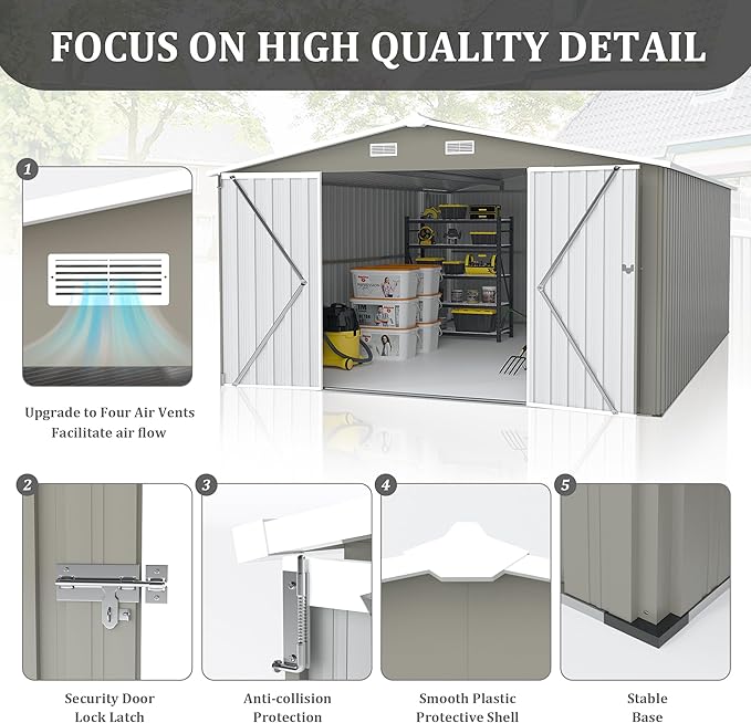 10 x 14 FT Outdoor Storage Shed, Metal Garden Tool Shed with Slooping Roof, Lockable Doors, All-Weather Bike Shed Easy to Assemble for Backyard, Patio, Lawn, Grey