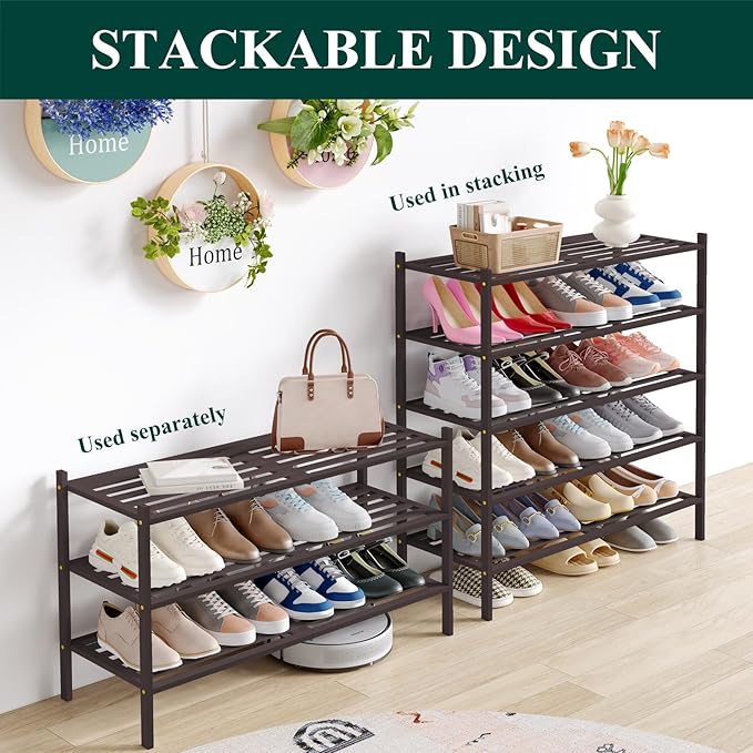 Smiry Long Bamboo Shoe Rack 4-Tier, Stackable Wooden Shoe Organizer for Entryway & Closet, Free Standing Wood Shoe Storage Shelf for Front Door & Small Spaces, Brown