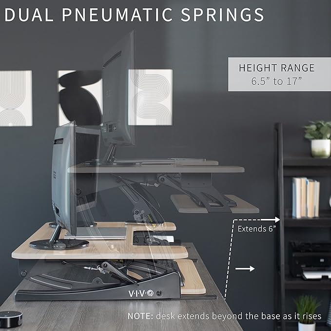VIVO 36 inch Height Adjustable Stand Up Desk Converter, V Series, Quick Sit to Stand Tabletop Dual Monitor Riser Workstation, Light Wood Top, Black Frame, DESK-V000VO