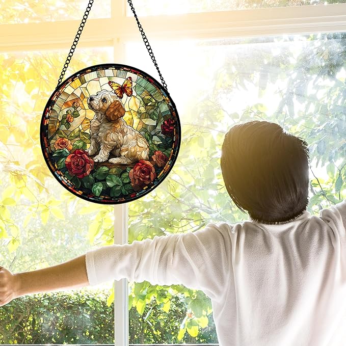 Stained Glass Window Hanging, Cute Dog and Flowers Suncatcher for Doors Home Butterfly Sun Catchers Decoration and Christmas, Mother's Day Birthday Gifts for Women, Men, and Mom 7.8 in