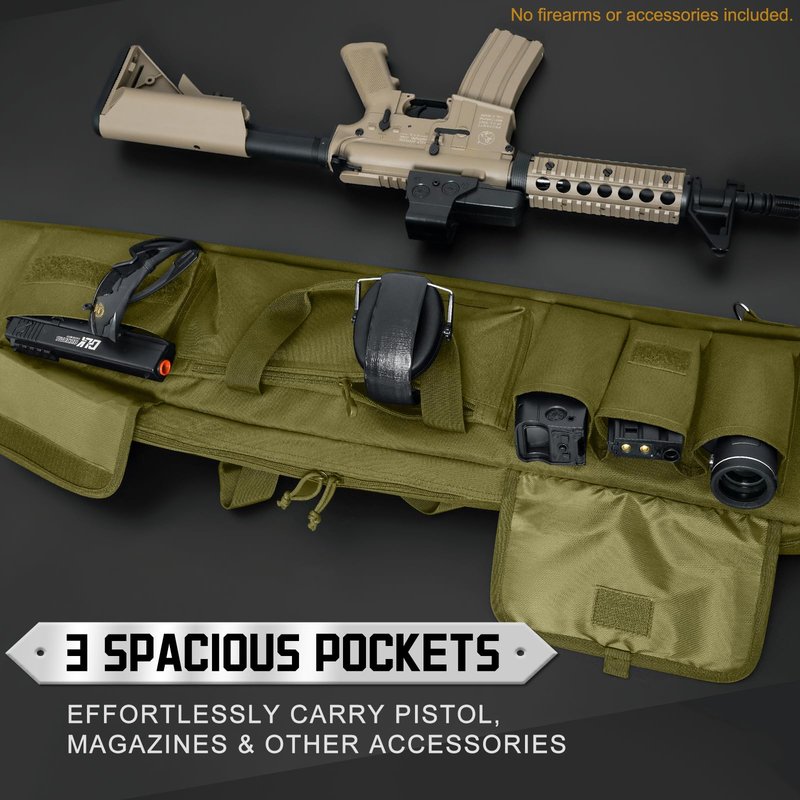 DULCE DOM Double Rifle Case, 38 42 44 inch Soft Gun Tactical Bag for Shooting Range, Movable Divider for 1 or 2 Gears, Multiple Magazine Pouches & Accessory Bags (Green, 42'')
