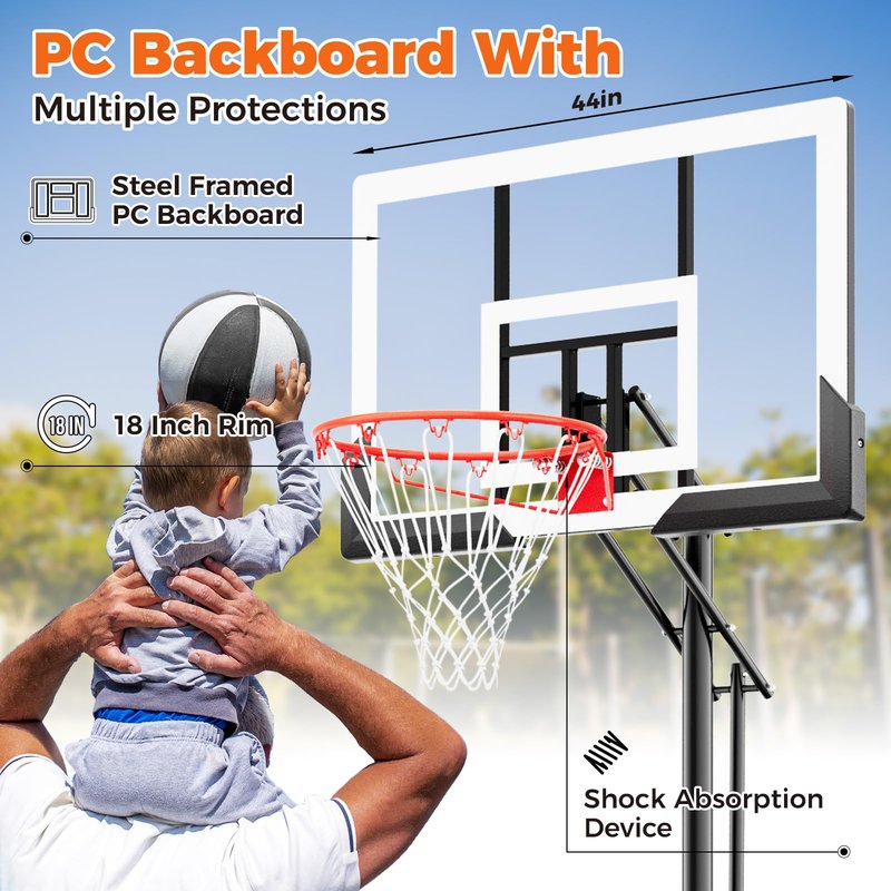 AWII SPORT Basketball Hoop 44 Inch Backboard Protable Basketball Hoop Outdoor, 4.8-10ft Height Adjustable Basketball Goal System for Kids Youth Adults Play in Backyard/Courts/Indoor
