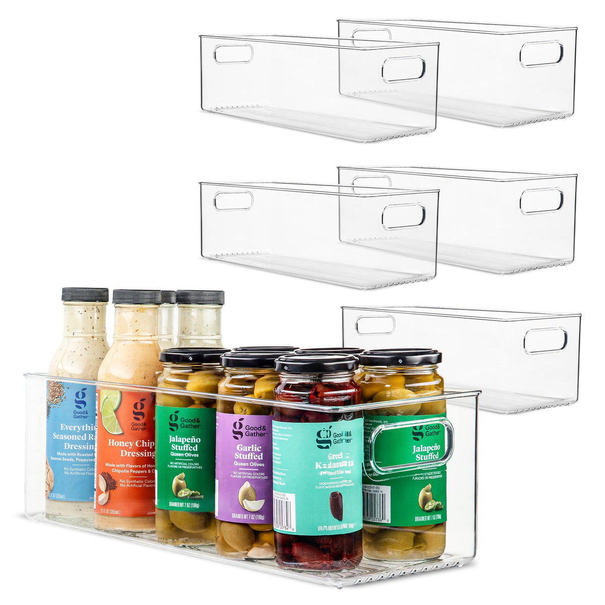 Plastic Food Storage 2 Pack Clear Container Bin with Handles for Organizing Kitchen, Pantry, Refrigerator, Freezer, Pantry, Cabinet, Closet, Bathroom. 16”x8”x5”
