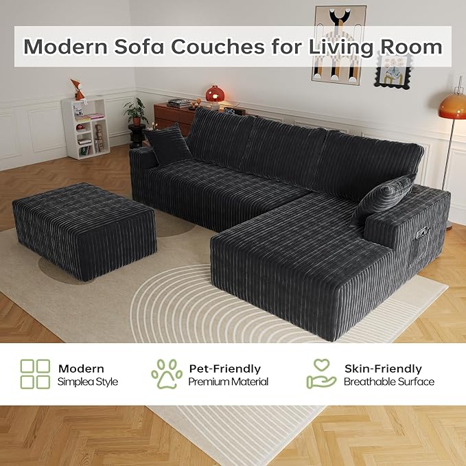 108" U Shaped Sectional Couch with Ottoman, Corduroy Modular Sectional Sofa with Deep Seat, Modern Modular L-Shape Sofa Couch with Chaise,Upholstered Boneless Couches for Living Room Bedroom