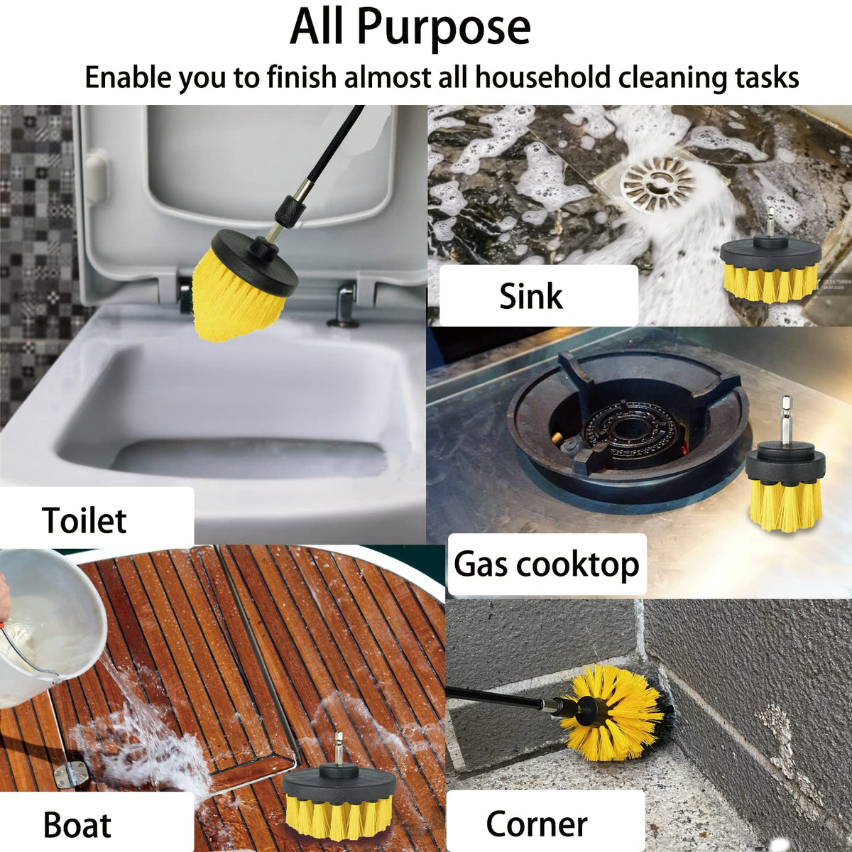 8 Pack Drill Brush Attachment Set, 1/4in Power Scrubber Brush+ Extend Long Rod, Brush Drill Attachment, Power Cleaning Scrub Brush for Bathroom, Tub, Tile, Corner, Floor