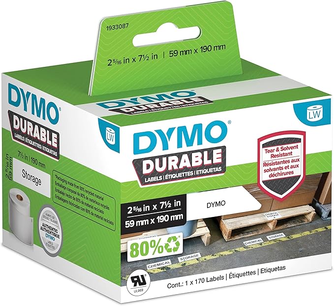 DYMO LW Durable Industrial Labels for LabelWriter Label Printers, White Poly, 2-5/16” x 7-1/2”, Roll of 170 (1933087)