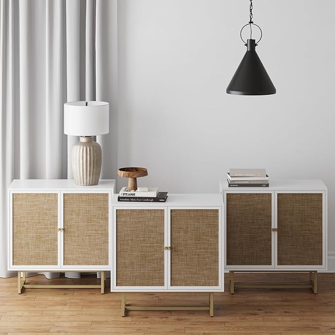 Nathan James Kova Rattan Wood Accent Natural Sideboard Storage Cabinet TV Stand with Matte Metal Frame, Adjustable Shelves and Cane Doors, for Hallway, or Living Room, White/Cane/Brass, Set of 3