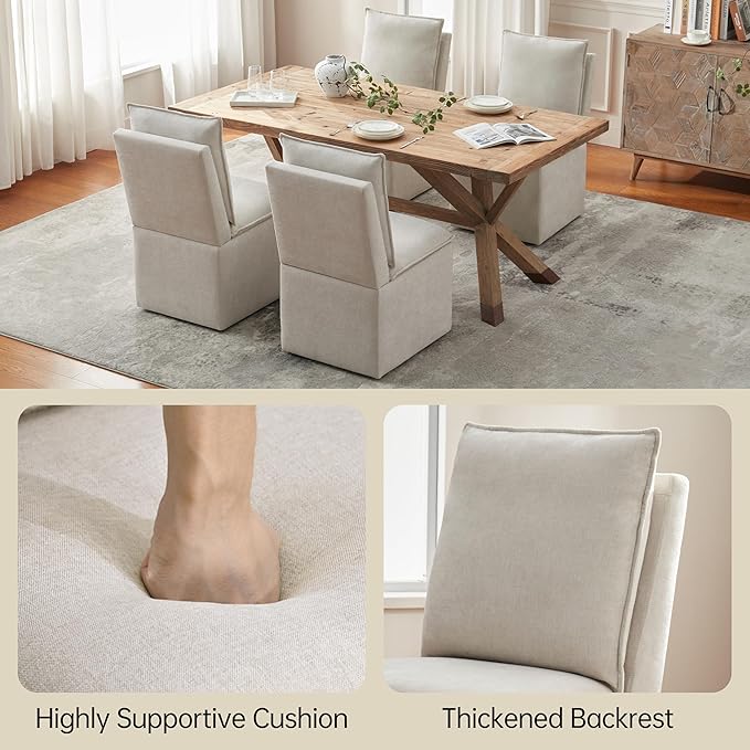 VKNOW Upholstered Dining Chairs Set of 2, Modern Rolling Chairs with Storage and Wheels, Linen Armless Chair with Cushion and Backrest, Dining Room Chairs for Living Room Kitchen Bedroom, Beige