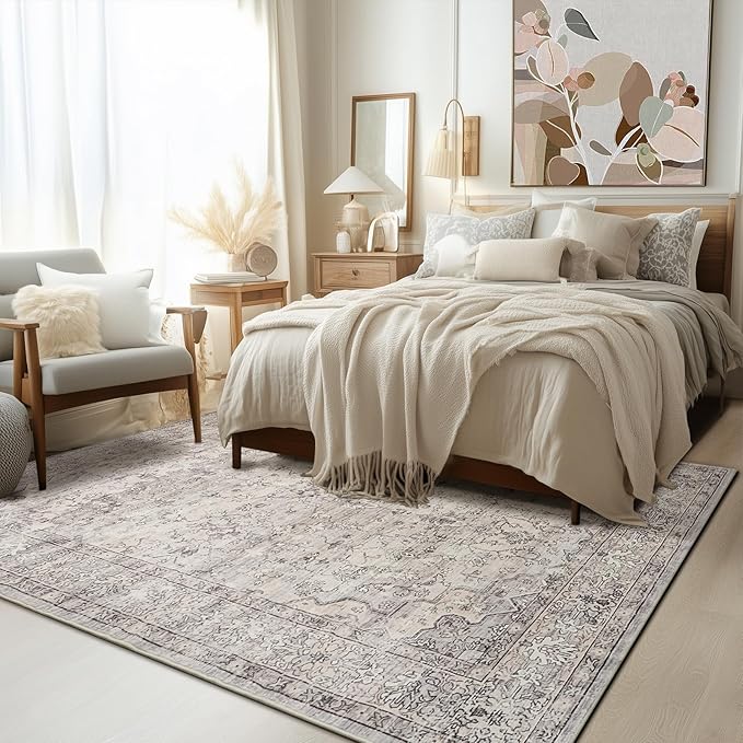 Neutral Modern Area Rugs 6x9 Machine Washable Living Room Rug Non Slip with Rubber Backing Soft Faux Fur Low Pile Stain Resistant Boho Floral Carpet Rugs for Bedroom Dining Room Kids Room Office,Grey