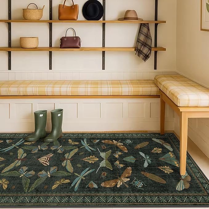2x10 10ft Long Hallway Rug Runner - Washable Boho Rug for Entryway Idoor Non Slip, Dark Green Forest Butterfly Vintage Carpet, Low Pile & Soft Stain Resistant Indoor Décor