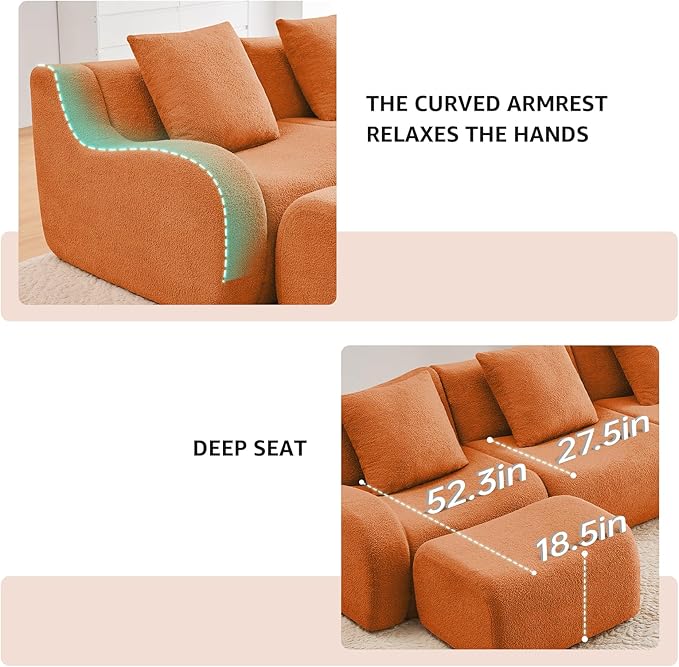 Orange 3-Seater Cloud Couch, Modern Teddy Fabric Boneless Sectional Sofa in a Box for Living Room, Modular Floor Couch, Deep Seat, No Assembly Required, Sofas para Sala