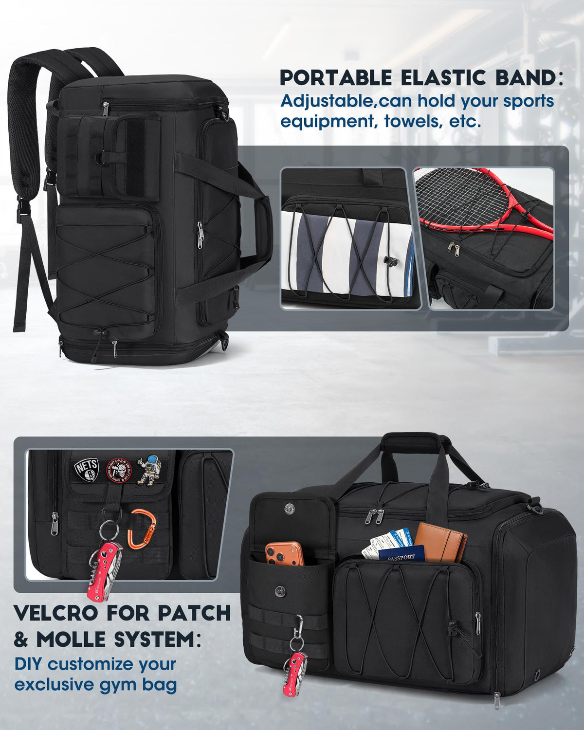 SDYSM Gym Bag for Men 45L Sports Duffel Bags 3-in-1 Travel Duffel Bag with Shoe Compartment, Gym Workout Backpack Carry On Weekender Bag Overnight Bag for Travel, Black