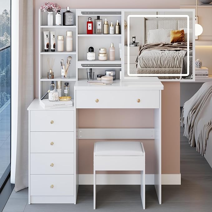 37" Vanity Desk with Mirror and Lights, Makeup Table with Led Lights and Sliding Mirror, 3 Lighting Colors, Vanity Set with Drawers and Stool for Bedroom, White