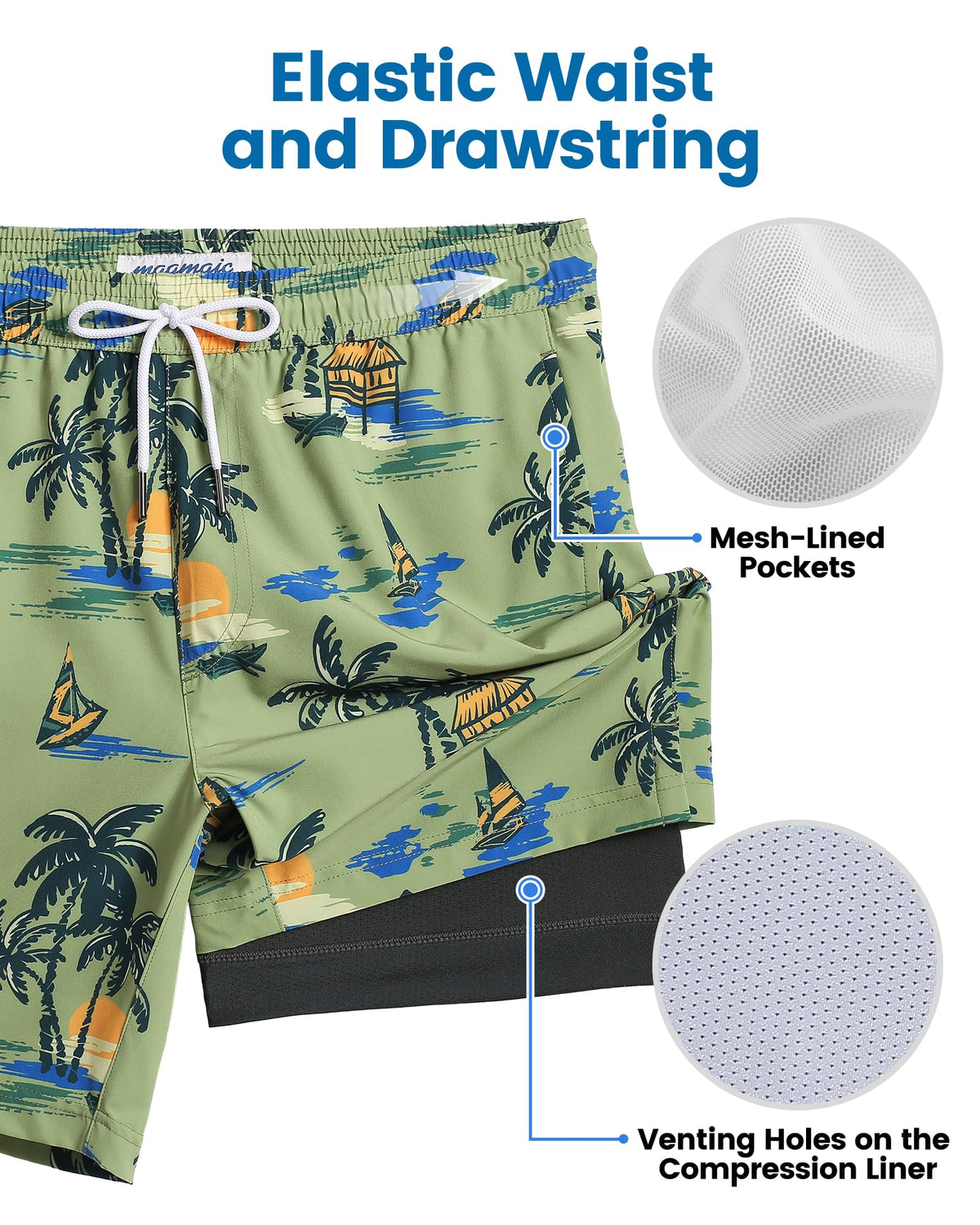 maamgic Mens Swim Trunks with Compression Liner 7 Inch Inseam Mens Bathing Suit Quick Dry Swimming Trunks Swimsuit Plamtree Green Large