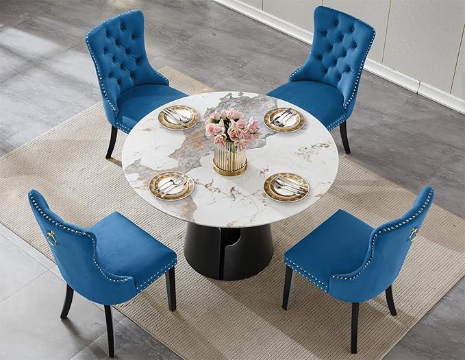 5-Piece Faux Marble Round Dining Table Set for 4, Modern Luxury Kitchen Table Set for 4 with Blue Tufted Chairs,Circle Dining Tables with Pandora Grain Top and Black Pedestal Base