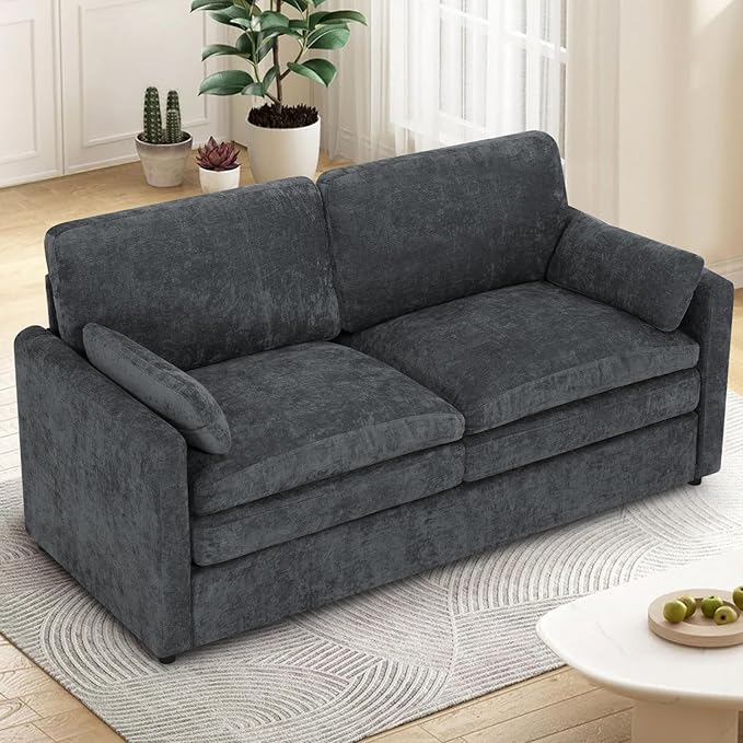3 Pieces Chenille Sofa Set w/Arm Pillows, Upholstered Loveseat & 2 Pieces 3 Seater Sofa w/Comfortable Back Cushions, Modern 2-Seat & 3-Seat w/High-Density Foam for Living Room, Grey