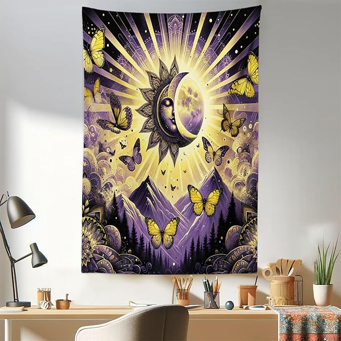 Ambesonne Boho Tapestry, Sun and Moon Art Concept Esoteric Mountain Scene with Dancing Butterfly, Fabric Wall Hanging Decor for Bedroom Living Room Dorm, 30" X 45", Violet Mustard Dark Grey