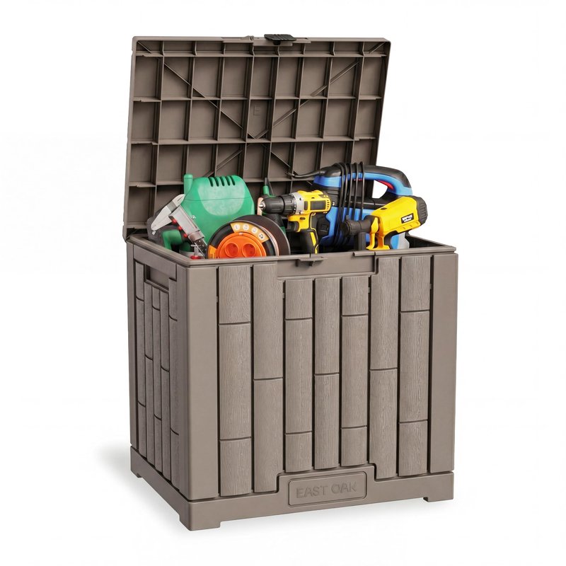 EAST OAK Outdoor Storage Box, 31 Gallon Deck Box, Waterproof Resin Storage Bin for Patio Cushions, Gardening Tools, Accessories, Lockable, UV Resistant, Brown