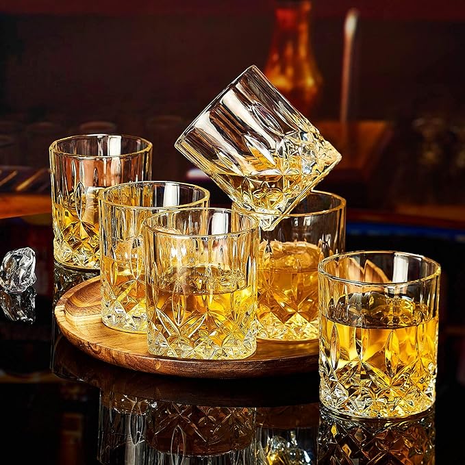 Whiskey Glasses Set of 6, Rocks Glasses, 10 oz Old Fashioned Tumblers for Drinking Scotch Bourbon Whisky Cocktail Cognac Vodka Gin Tequila Rum Liquor Rye Gift for Men Women at Home Bar