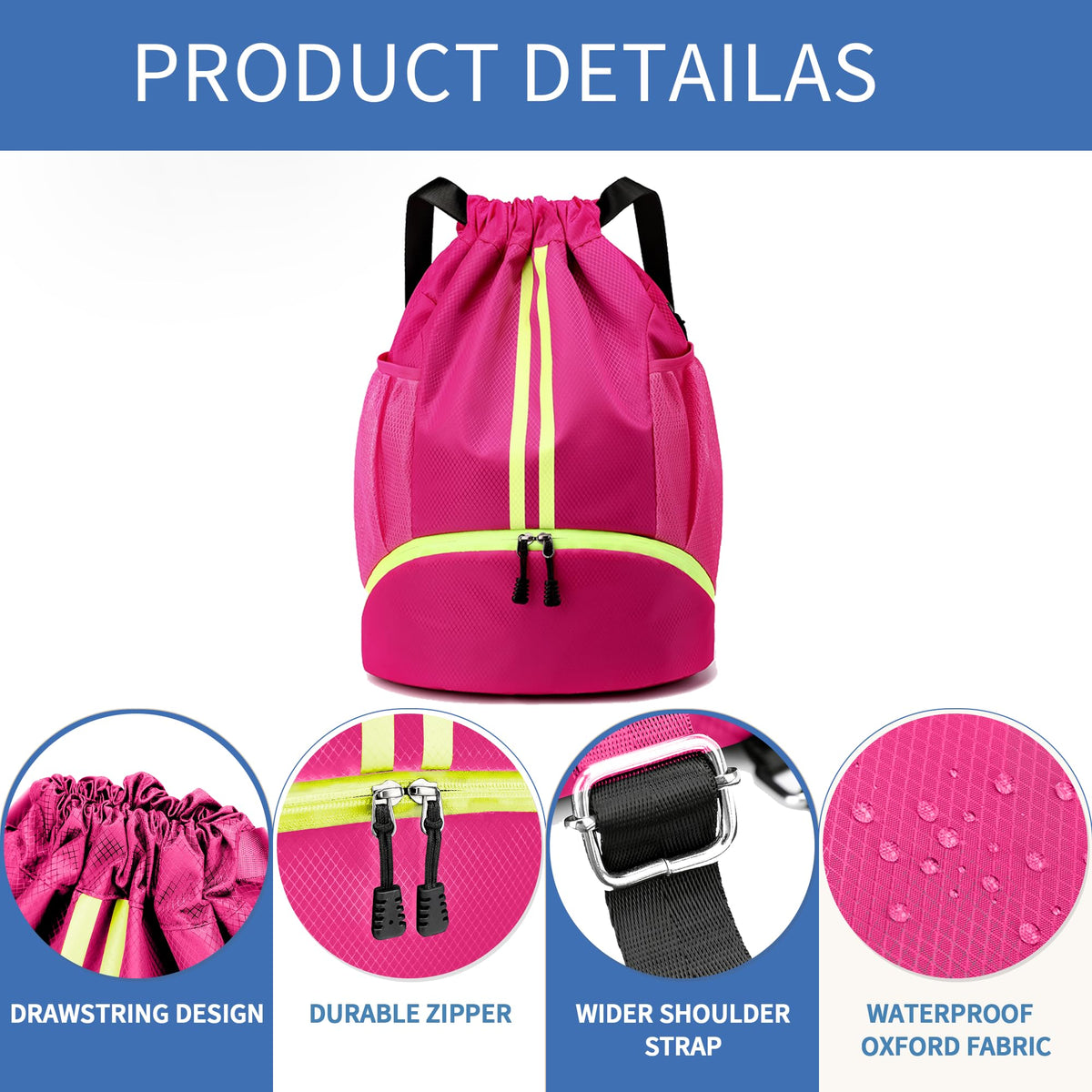 JELUTAR Drawstring Backpack Gym Bag with Shoes Compartment for Soccer, Basketball, Swim, Water-Resistant String Backpack Beach Cinch for Women Men, Rose
