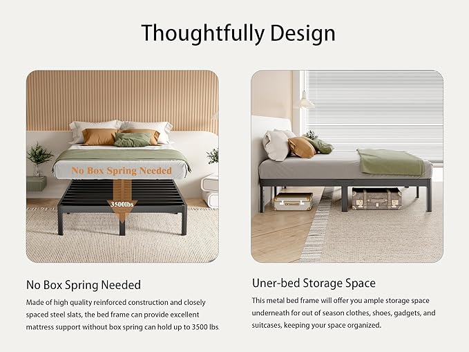 Full Size Bed Frame 12 Inch, Black Metal Full Bed Frame No Box Spring Needed, DIY Headboard Holes, Heavy Duty Steel Support 3500 LBS, Noiseless, Round Corner Legs, Storage Space, Easy Assembly